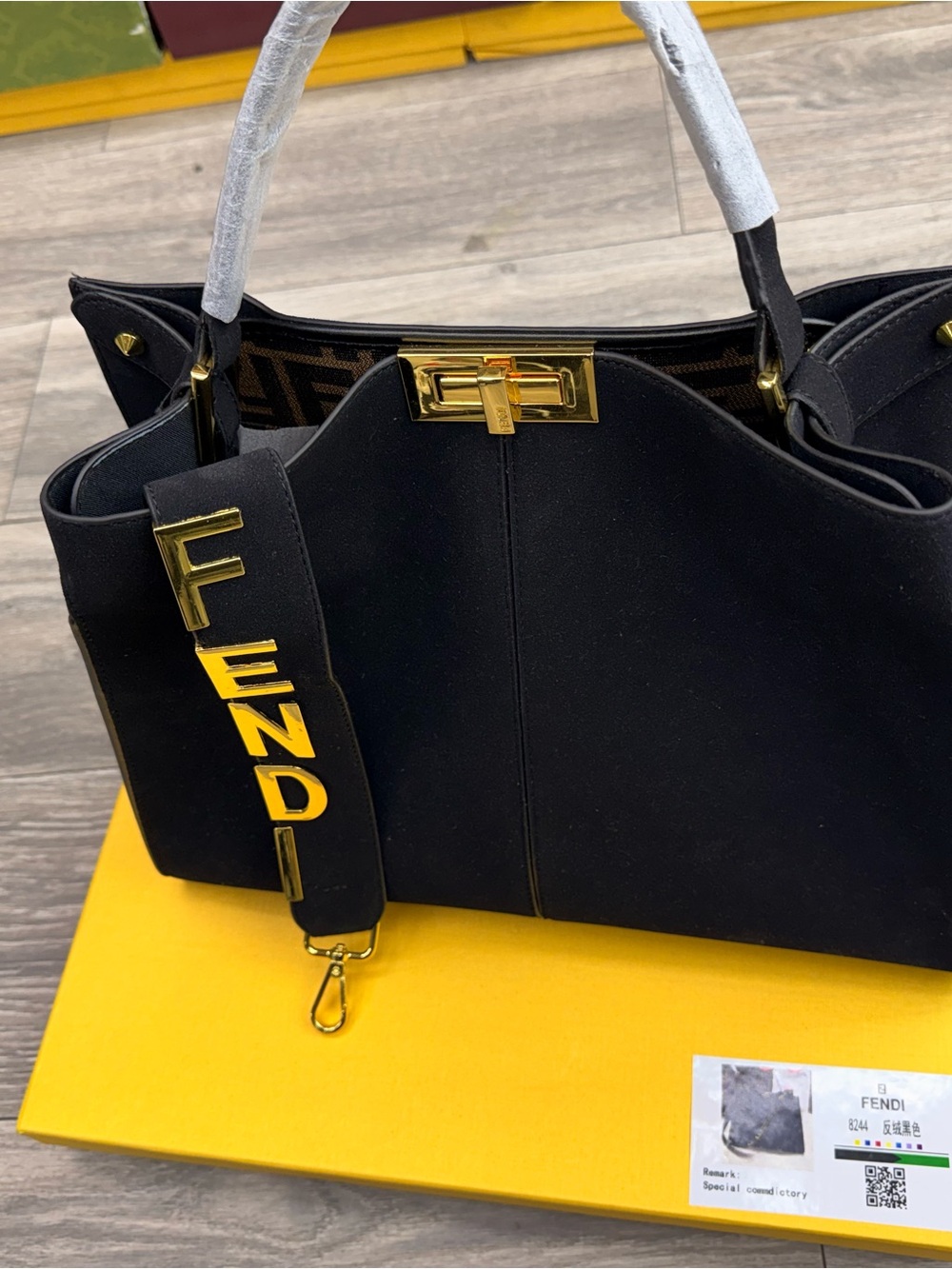 Fendi Black Tote with Gold Hardware and Logo Strap